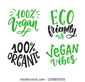 Vector round vegan, eco, organic green logo sign. Set of labels, emblems, stickers, stamps. Ecology, raw, fresh farm product. Hand drawn lettering