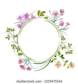 Vector round vignette with saffron, carnation and thyme flowes