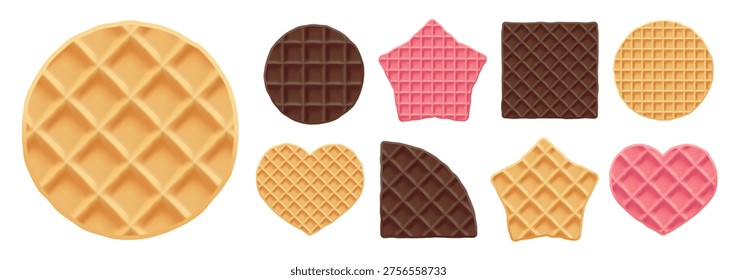 Vector round waffle, wafer cream seamless texture, Belgian star cookie icon. Food square pattern and chocolate heart biscuit, Belgian cake bg. Isolated cute pink heart-shaped pancake, sweet tasty set