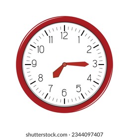 Vector round wall quartz clock in red color isolated on white background.