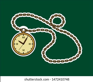 Vector Round Watch On A Chain. Gold Vintage Watch Sticker. Antique Watch With Roman Numerals And A chain.