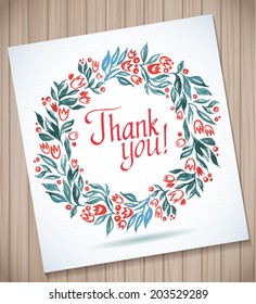Vector round watercolor illustration with summer flowers and leaves. Thank You poster on wood background. Watercolor floral wreath illustration with place for your text 