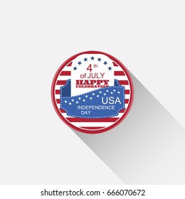 Vector round web element for Independence Day with red stripes, blue pocket, white insert, stars, text and long shadow on the light gray background.