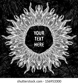 Vector round white decorative ornament on black brushed background. Mandala design for card, wedding invitation, modern urban restaurant menu, underground tattoo salon ad, grunge music poster template