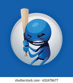 Vector round white frame with cartoon image of a funny little angry blue man standing with a baseball bat in hands in the center on a blue background. Positive character, creature. Vector illustration