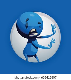 Vector round white frame with cartoon image of a funny little blue man standing and refusing of something in the center on a blue background. Positive character, creature. Vector illustration.