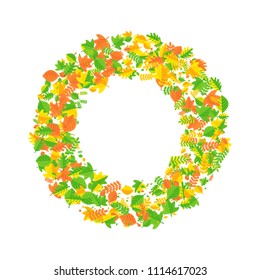 Vector round wreath of autumn leaves. Season fall. Harvest time. Elements for sites, posters, info graphics. Flat cartoon illustration. Objects isolated on a white background.