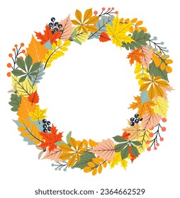 Vector Round Wreath of Autumn Leaves.
Beautiful Wreath of Yellow and Red Leaves. Autumn leaves. Decor for Invitations, Greeting Cards, Posters. Flat Illustration of Round Wreath on White Background