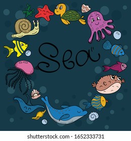 Vektorillustration rund Kranz, bunte Doodles mit Meeresbewohnern und Algen auf blauem Hintergrund