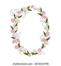 Vector round wreath with Convolvulus or Bindweed bell, leaf and bud isolated on white background. Pink bindweed.