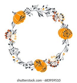 Vector round wreath with floral elements. Illustration with place for text,  can be used  creating card or invitation card. Stylish autumn background.