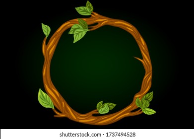 Vector Round wreath of tree branches with leaves. Wooden twigs, circle pattern.