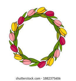 Vector round wreath with tulip flowers in doodle style Round frame with spring tulip flowers in yellow, pink and red shades. Empty frame for the inscription. Invitation, greeting card, banner.