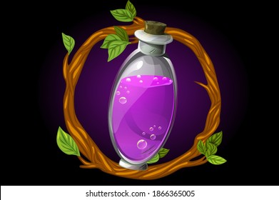 Vector round wreath of twigs and magic potion in a bottle. GUI illustration of an elixir in a flask for a game.