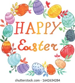 vector round wreath, watercolor easter eggs with pattern and twigs