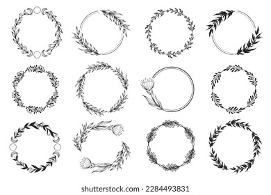 Vector round wreaths collection with hand drawn flowers, leaves and branches isolated on white background. Floral design templates for logotype, wedding invitation, card, brochure