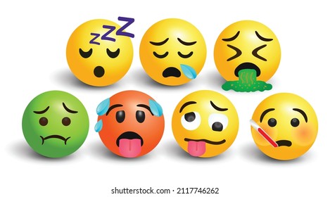 Vector Round Yellow Cartoon Bubble Emoticons Social Media Facebook Instagram Whatsapp Chat Comment Reactions, Icon Template Face Mouth Spew Vomit Hot Overheated Woozy Wavy Mouth Sleep Snoring Disgust