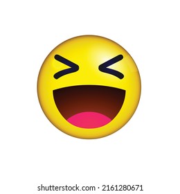 Vector Round Yellow Cartoon Bubble Big Funny Smile Laugh Open Mouth Grin XD Squinting Eyes Grinning Emoticons Comment Social Media Chat Comment Reactions, Icon Template Face Emoji Character 