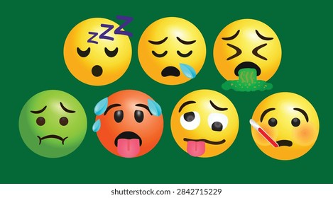 vector round yellow cartoon bubble emoticons social media chat comment reactions, icon template face Mouth spew vomit Hot Overheated Woozy Wavy Mouth Sleep Snoring Disgust