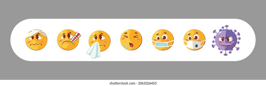 Vector round yellow cartoon emoticons sick in mask, temperature, sneezing, cough emoji, fever