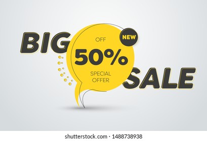 Vector round yellow label for big sale with black lines and text. Banner template with button. Tag