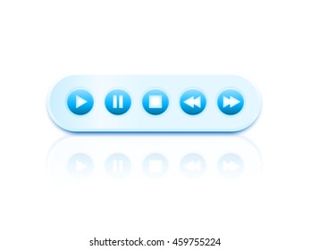 Vector rounded blue color glossy media player interface with play, stop, pause and rewind buttons isolated on white background