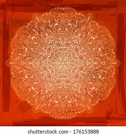 Vector rounded floral pattern on orange  grungy background with blots and splashes, transparency effects