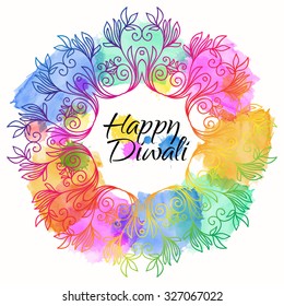 Vector rounded frame with Indian ornament. Happy Diwali Festival. Light. Doodles floral vector elements. Hand drawn illustration. Watercolor stain. 