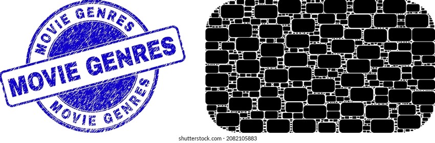 Vector rounded rectangle icon mosaic is composed from random recursive rounded rectangle items. Movie Genres rubber blue round stamp. Fractal mosaic from rounded rectangle icon.