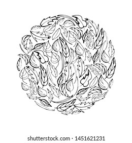 Vector rounded shape in black and white colors with leaves in doodle style. Perfect for sketch style graphics, posters, print and fabric, backgrounds and cards. 