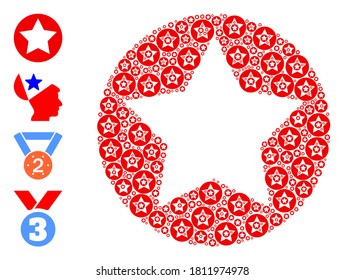 Vector rounded star collage is constructed with randomized recursive rounded star pictograms. Recursive collage of rounded star. Some other icons are present in this vector.