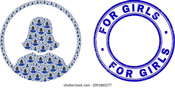 El mosaico del icono del retrato femenino redondeado del vector se forma con iconos repetitivos de retrato mujer redondeada. Para chicas sucia foca redonda azul. Mosaico recursivo del icono del retrato femenino redondeado.