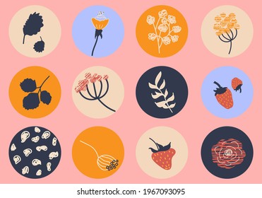 Vector rounds for social media stories for bloggers. Set of templates for networks Story Highlights Covers Icons. Abstract berries, strawberry, branches and flowers.
