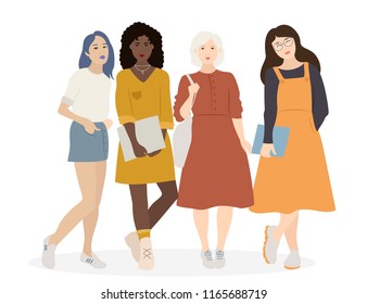 Vector roup of four flat cartoon women standing together. illustration on white background