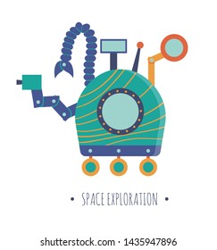 Vector rover illustration for children. Bright and cute flat picture of smiling technics isolated on white background. Space exploration concept