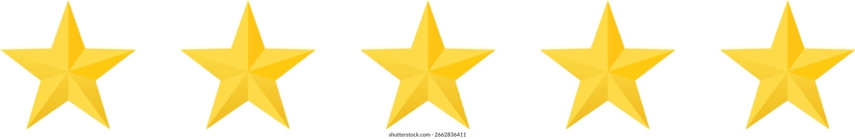 Fileira de vetor de cinco estrelas amarelas representando classificação ou revisão, perfeito para web e design móvel.