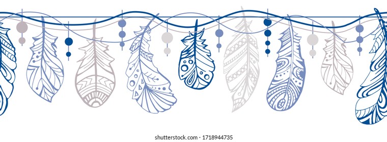 Vector row of hanging feathers and beads; a repeating pattern of feathers on a stretched lace; Seamless feather pattern in the wind; blank for sites and design.