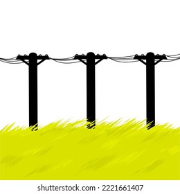 Vector row of power poles with dry grass. The power supply line is installed on the hill. Isolated on a white background. Great for logos about the supplying power industry.