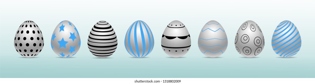 Vector row of realistic chiken eggs isolated on blue background with soft shadow. Perfect Easter holiday template. Decorated in different colors and pattern. Three-dimensional illustration. Eps 10.