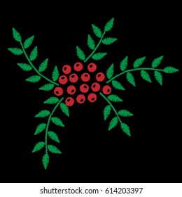 Vector rowan embroidery stitches imitation on black background. Red ash berry with leaf for print and design.