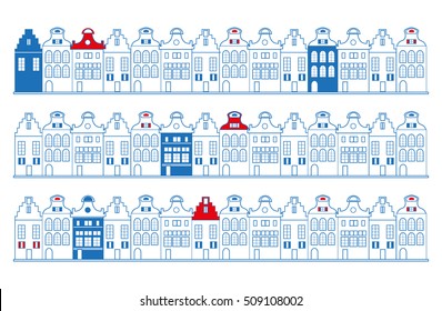 Vector rows of old Dutch (Holland, Amsterdam) traditional houses in blue, red and white