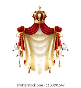 Vector royal baldachin with gold, crown, jewelry and fringe fur isolated on white background. Template of label with heraldic canopy for companies, business. Elegant premium element.