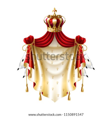 Vector royal baldachin with gold, crown, jewelry and fringe fur isolated on white background. Template of label with heraldic canopy for companies, business. Elegant premium element.