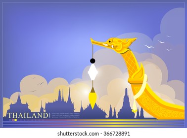 Vector of The Royal Barge Suphannahong on River, Landmark of Thailand Background