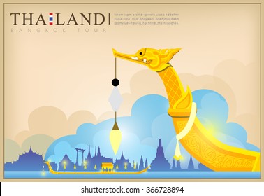 Vector of The Royal Barge Suphannahong on River, Landmark of Thailand Background