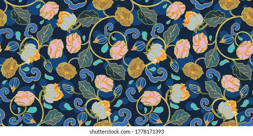 Vector royal baroque intarsia style floral pattern, seamless design with hand drawn historic florals on dark blue background. Nature background. Surface pattern design.