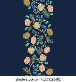 Vector royal baroque intarsia style peony border. Seamless floral garland with hand drawn historic florals on dark blue background. Nature background. Marble intarsia effect.