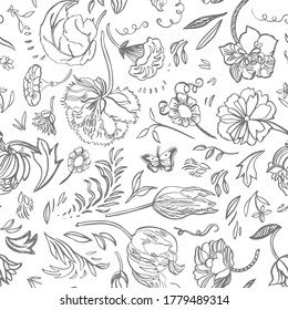 Vector royal baroque line art elegant floral seamless pattern with hand drawn historic florals on white background. Nature background. Surface pattern design.