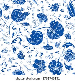 Vector royal blue baroque elegant linocut floral seamless pattern with hand drawn historic florals on white dotted background. Nature background. Surface pattern design.