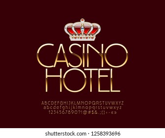 Vector royal Casino Hotel Emblem with Crown. Rich Golden Font. Thin Luxury Alphabet Letters, Numbers and Symbols